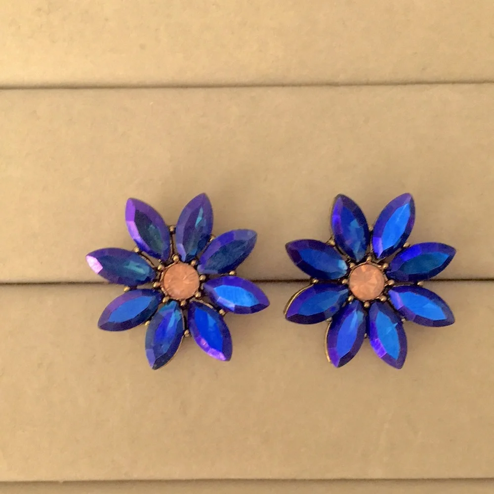 Violet Blue Aurora Borealis + Pink Opal Crystal Flower Statement Earrings